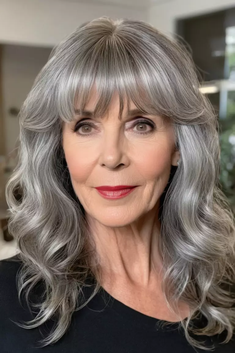A photo of a 55-year-old Madison, with medium-length silver waves with bangs, Front view, living room background