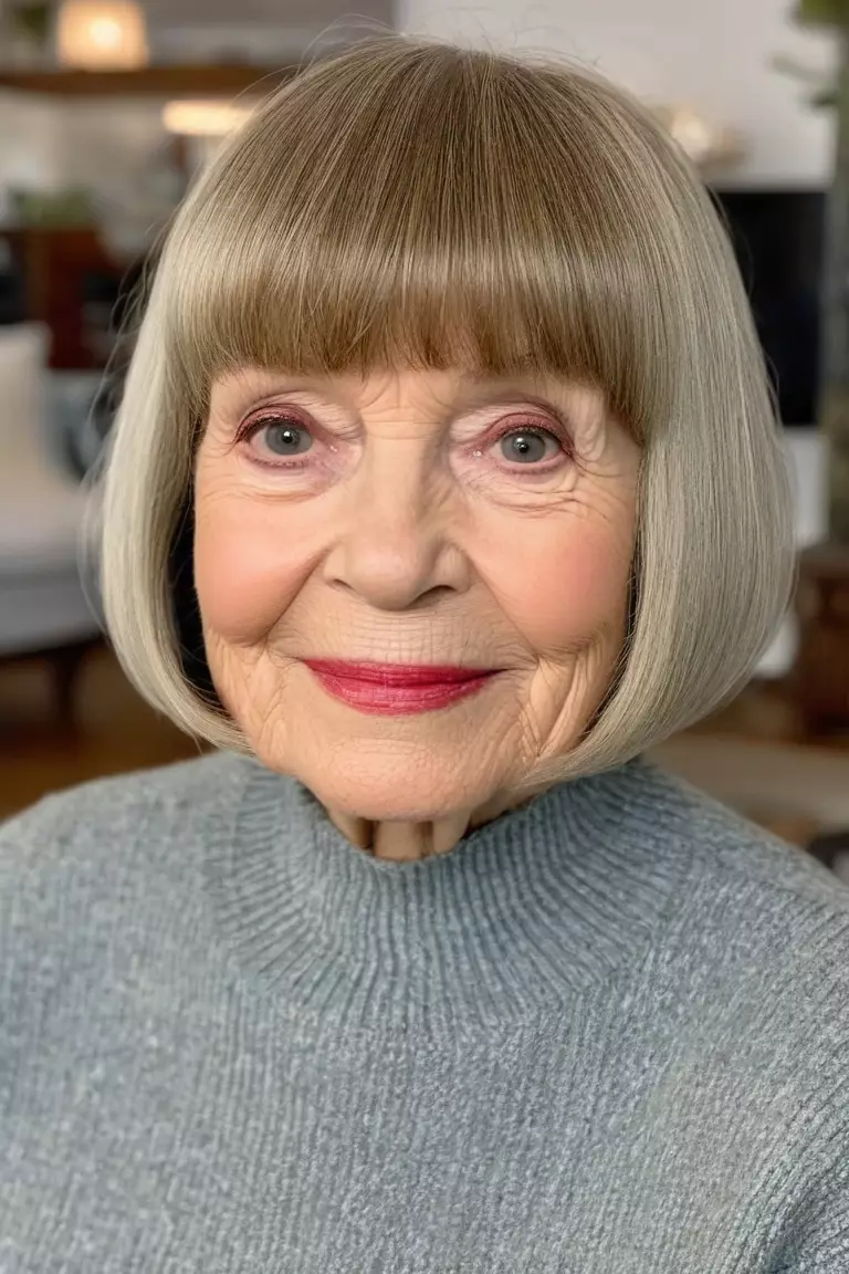 A photo of a 78-year-old Rebecca, Rounded Bob With Bangs, Front view, living room background