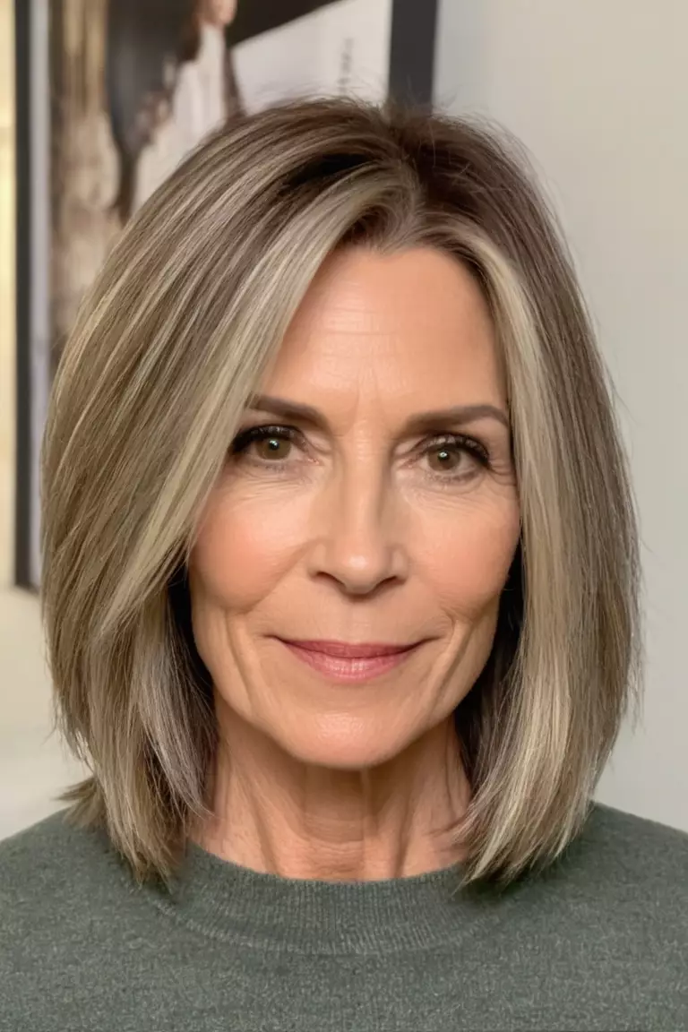 A photo of a 48-year-old Avery, Straight Lob with Subtle Layers, thin hair, Front view, living room background