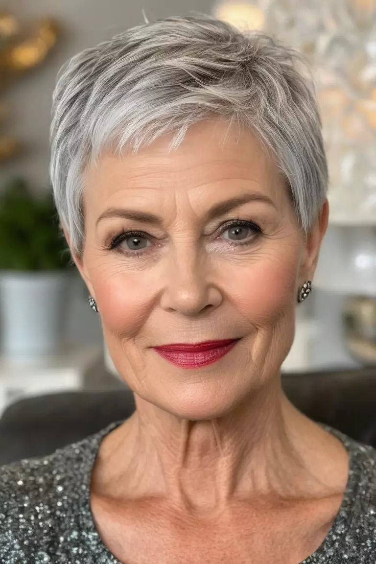 A photo of a 58-year-old Avery, with a cropped silver pixie, Front view, living room background