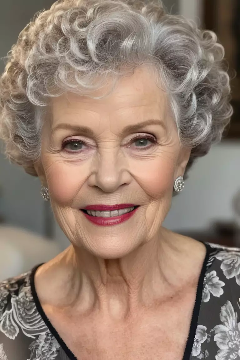 A photo of a 75-year-old Deborah, Cropped Silver Curls, Front view, living room background