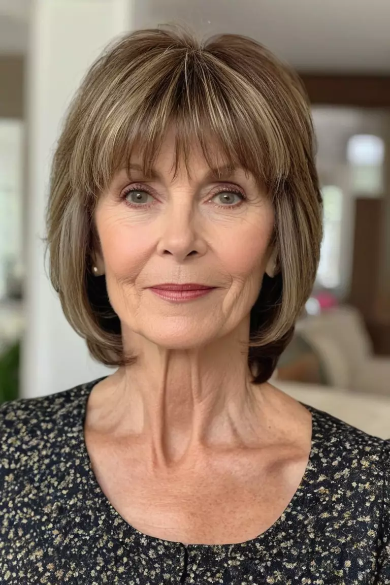 A photo of a 65-year-old Donna, styled with a straight shag haircut and piecey bangs, Front view, living room background