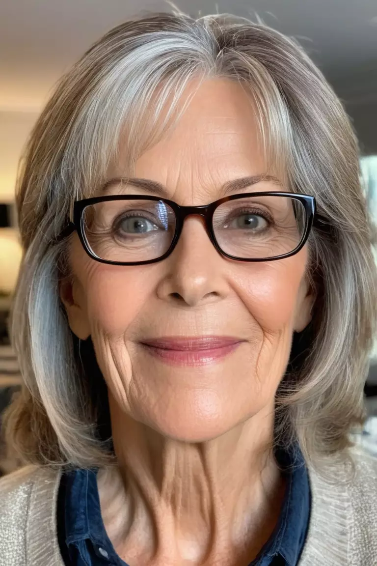 A photo of a 62-year-old Lisa with glasses, Long Face-Framing Layers, Front view, living room background
