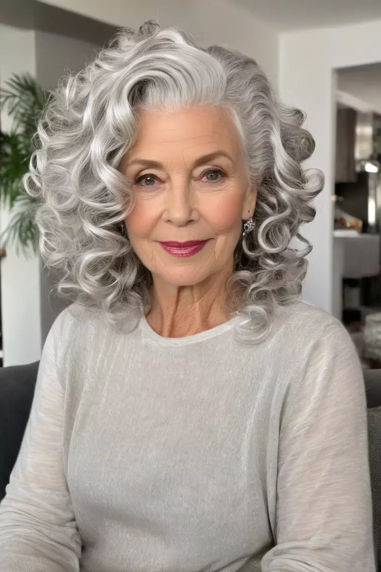 A photo of a 50-year-old Eleanor, with loose white silver curls, Front view, living room background