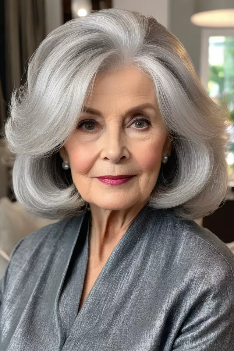 A photo of a 69-year-old Barbara, with a voluminous silver lob hairstyle, Front view, living room background