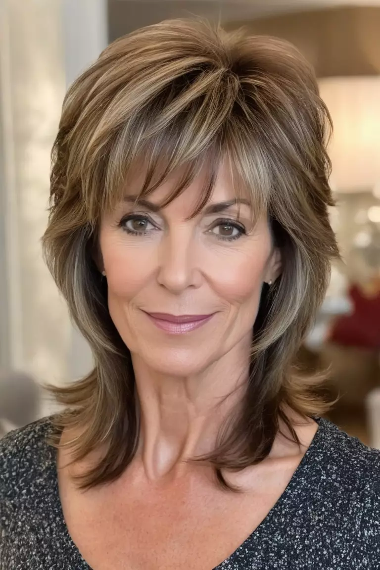 A photo of a 54-year-old Michelle, Wispy Layers with Side Swept Bangs, fine hair, Side view, living room background