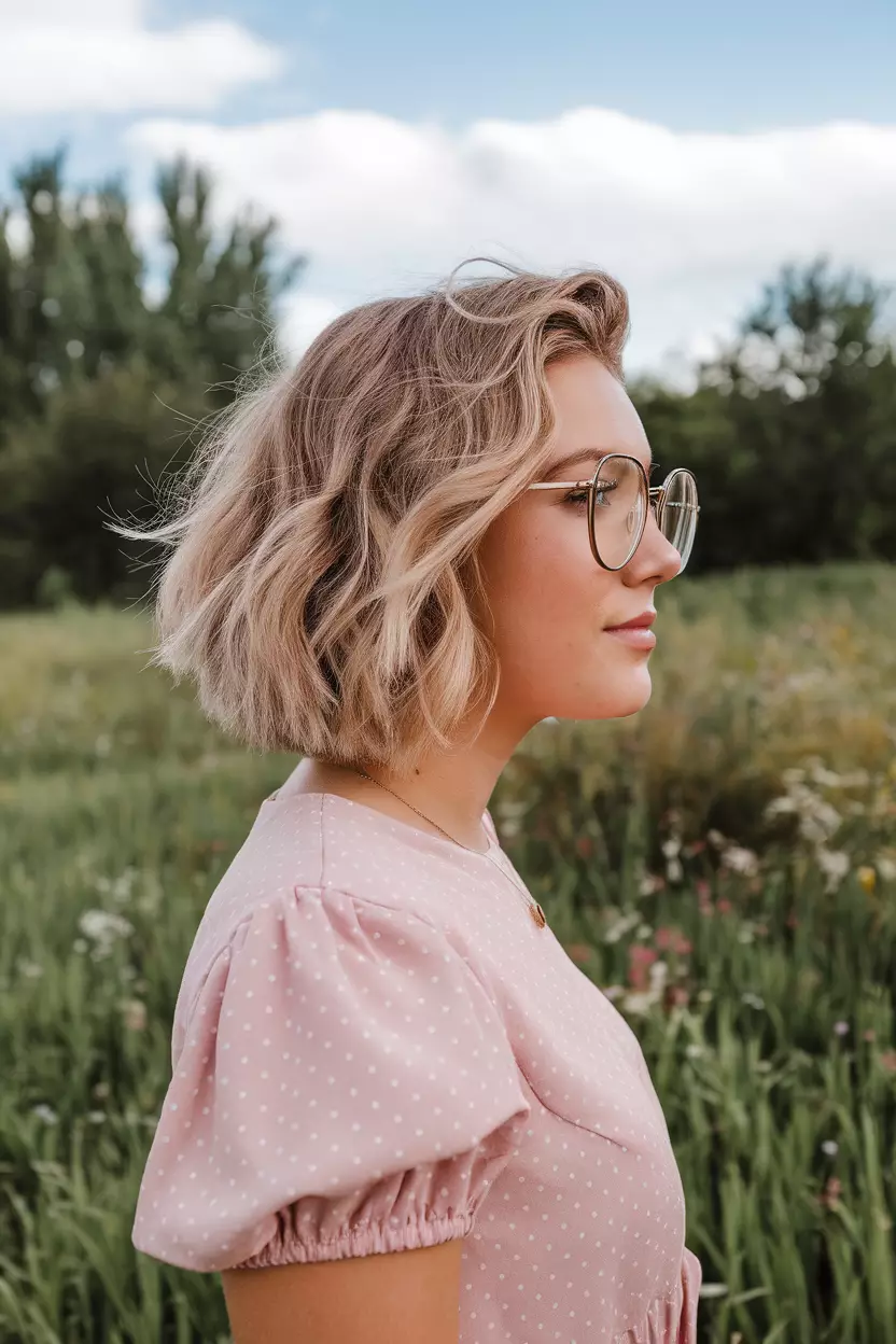 Beige Blonde A beautiful woman with short, wavy beige blonde hair, Side view, summer background