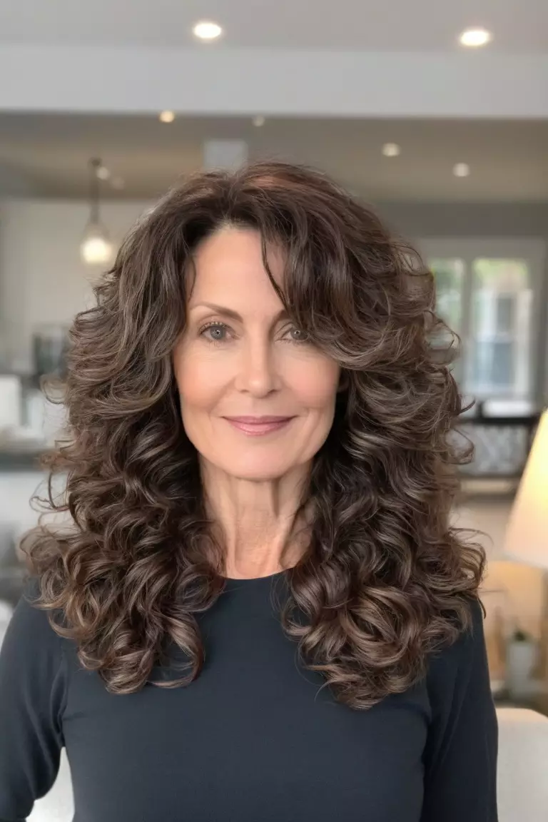 A photo of a 45-year-old Deborah, showcasing long layered curls, Front view, living room background