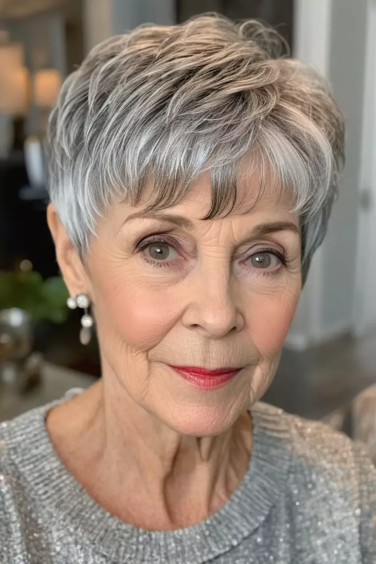 A photo of a 67-year-old Rebecca, textured silver pixie with bangs, front view, living room background