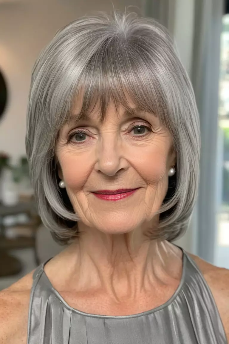 A photo of a 68-year-old Susan, shoulder-length silver layered cut with bangs, front view, living room background