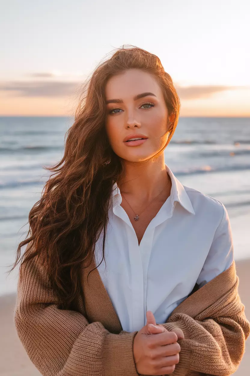 Mahogany Brown Hue A beautiful woman with a long wavy mahogany brown hair, Side view, sunset beach background