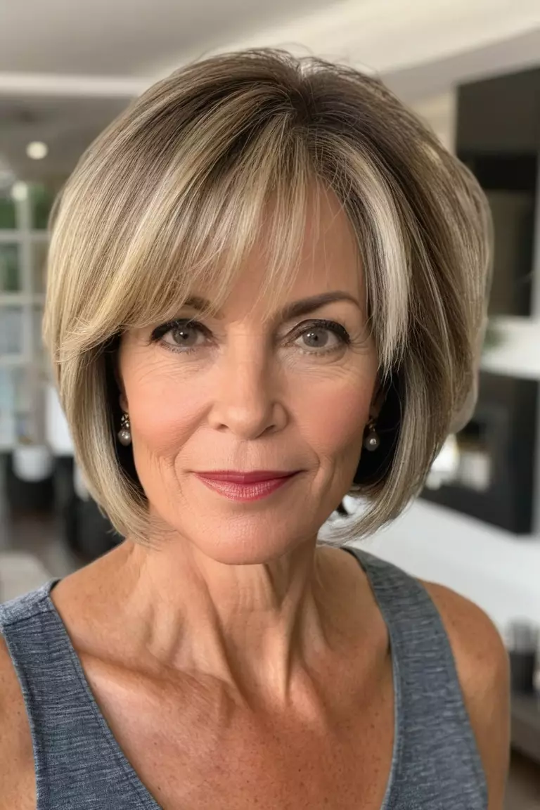 A photo of a 52-year-old Barbara, Highlighted Bob, fine hair, Front view, living room background