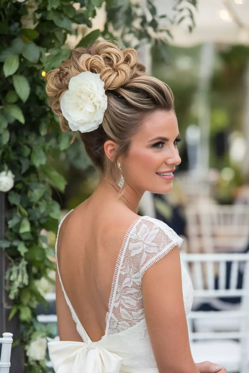 A beautiful woman with a Twisted Updo, back view, summer wedding background