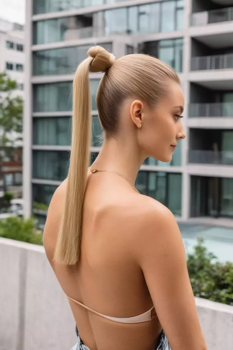 Nude Blonde A photo of a 28-year-old Grace, Nude Blonde sleek ponytail, Back view, summer modern building background