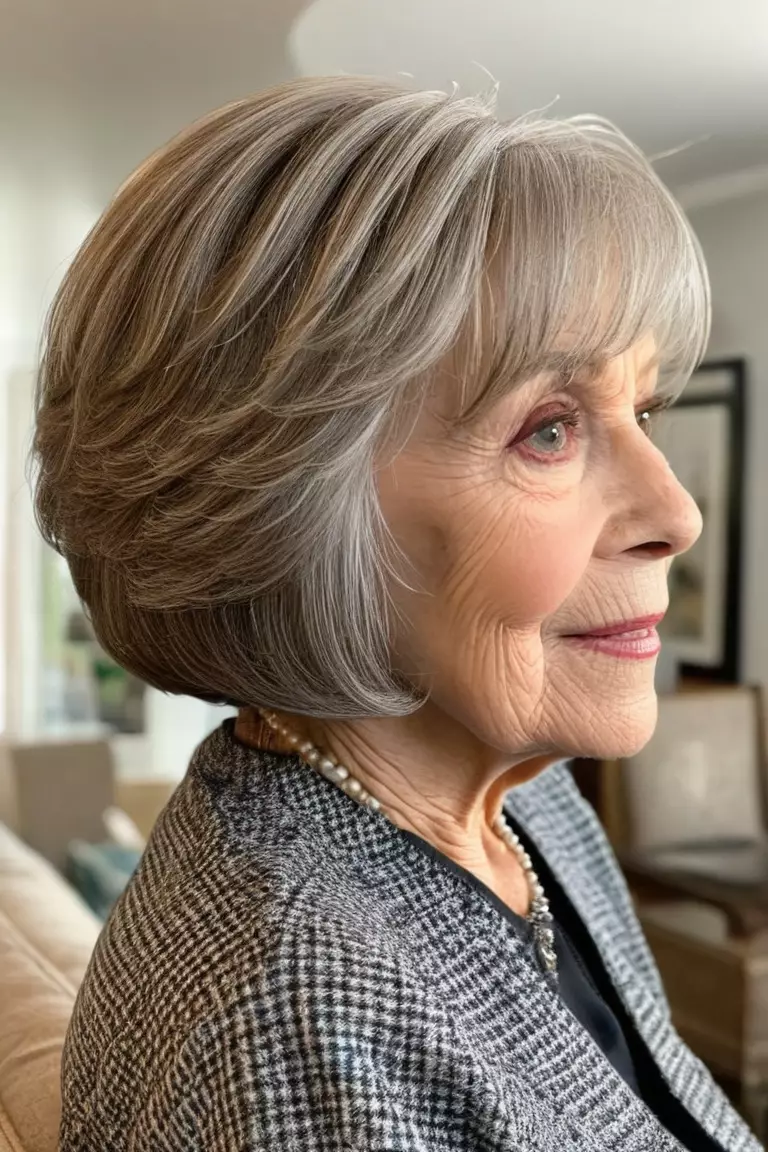 A photo of a 79-year-old Dorothy, Layered Bob With Side Swept Bangs, Side view, living room background