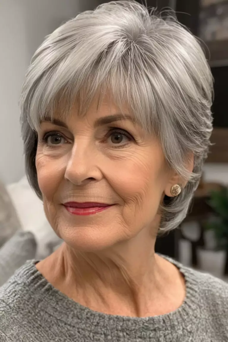 A photo of a 70-year-old Lisa, short tapered silver layers with bangs, side view, living room background