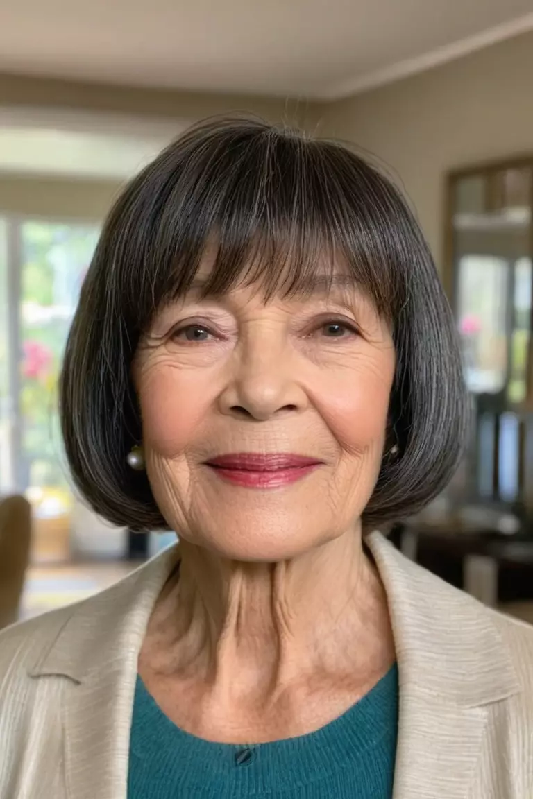 Chin-Length Bob with Layers and Bangs A photo of a 77-year-old Barbara, chin-length bob with layers and bangs hairstyle, front view, living room background.