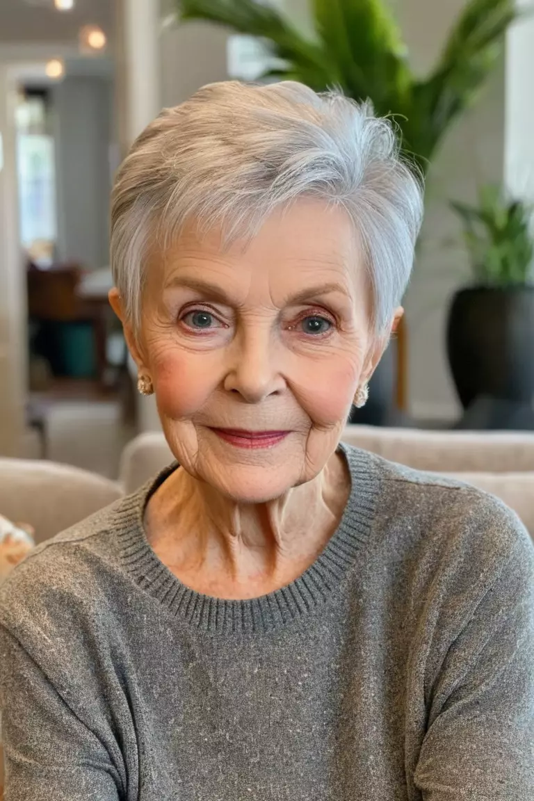 A photo of a 75-year-old Elizabeth, Cropped Pixie, Front view, living room background