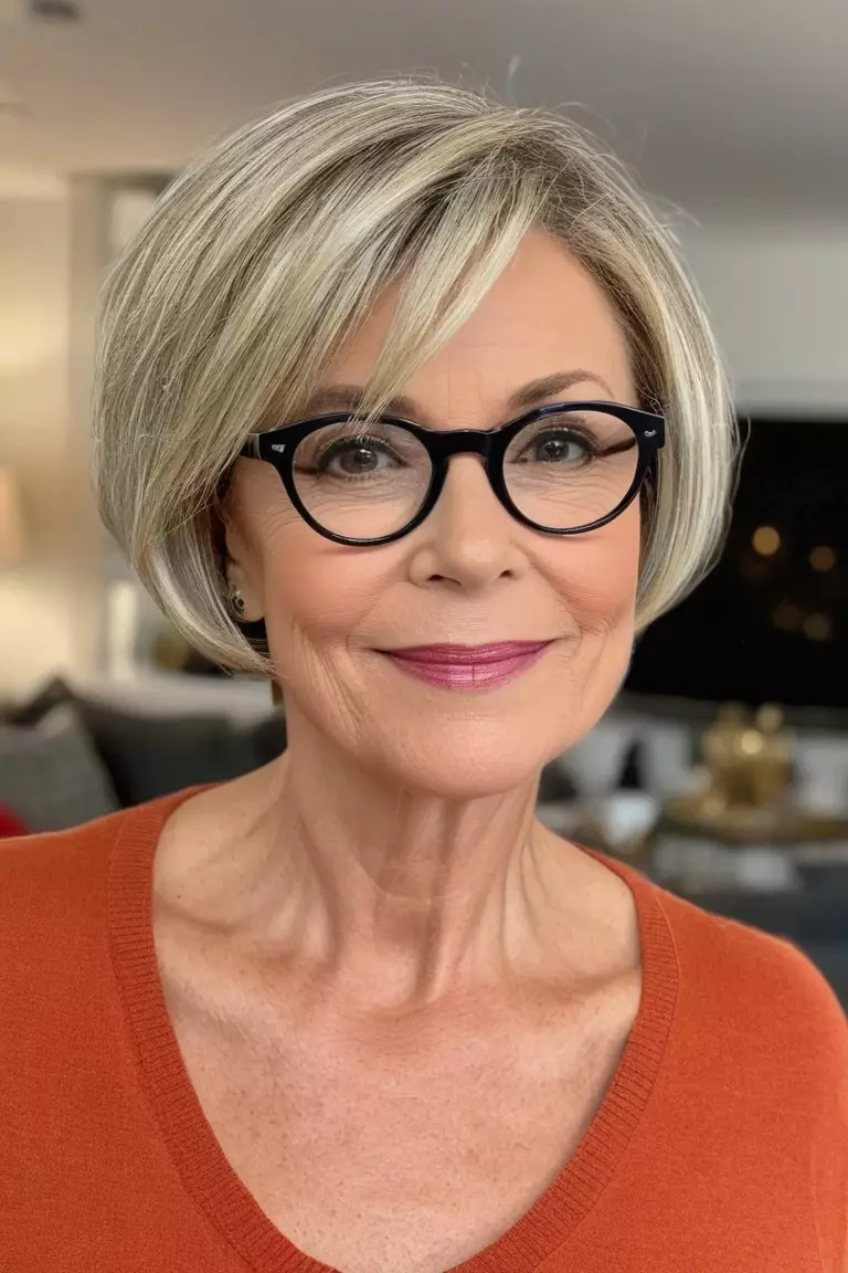 Pixie Bob A photo of a 52-year-old Nancy with glasses, Pixie Bob, Front view, living room background