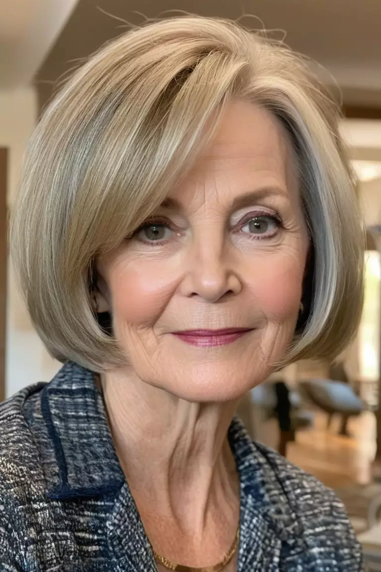 Face-Framing Bob A photo of a 66-year-old Diane, fine hair, Face-Framing Bob, Front view, living room background