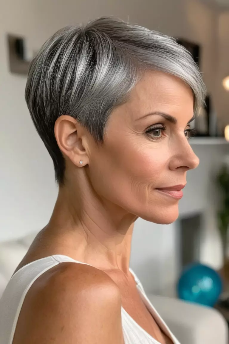A photo of a 47-year-old Sofia, Ultra-Short Pixie, thin hair, Side view, living room background