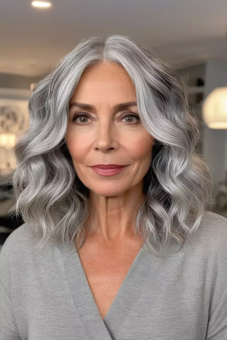 A photo of a 51-year-old Victoria, with a wavy silver lob, Front view, living room background