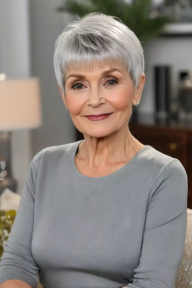 A photo of a 64-year-old Ruth, with a rounded silver pixie with bangs hairstyle, Front view, living room background