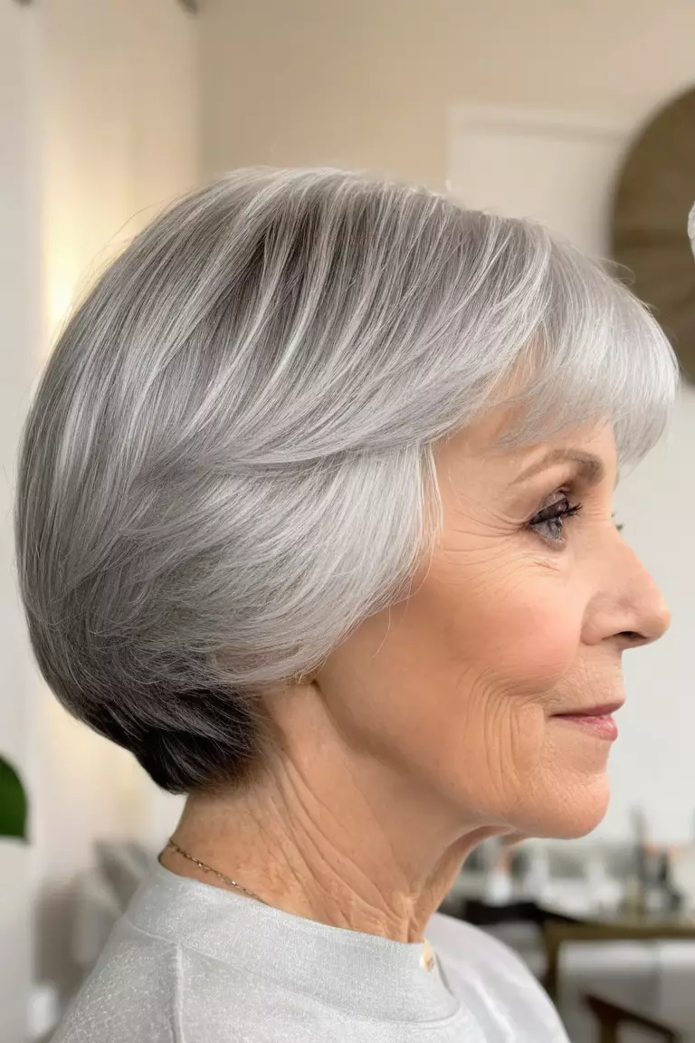 A photo of a 72-year-old Laura, Silver Pixie Bob, Side view, living room background