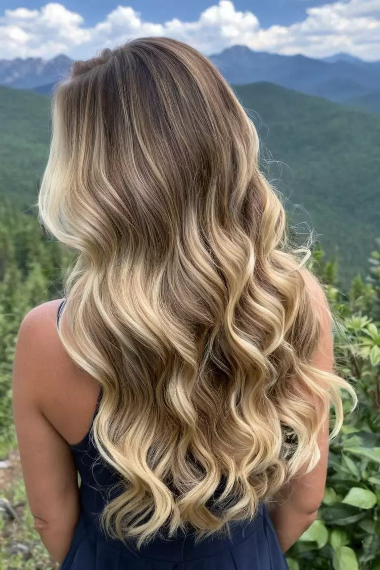 Blonde Balayage A photo of a 32-year-old Elizabeth, Blonde Balayage on long wavy hair, Back view, summer mountain background