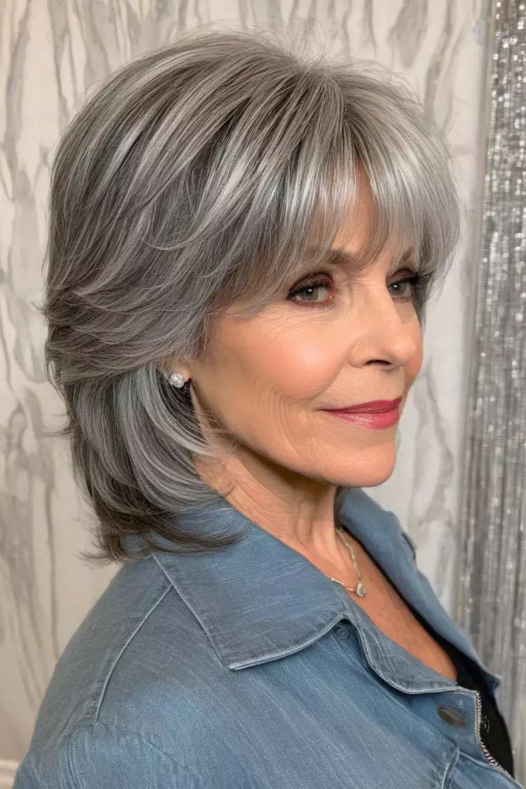 A photo of a 58-year-old Stella, with silver gray layers with side-swept bangs, Side view, living room background