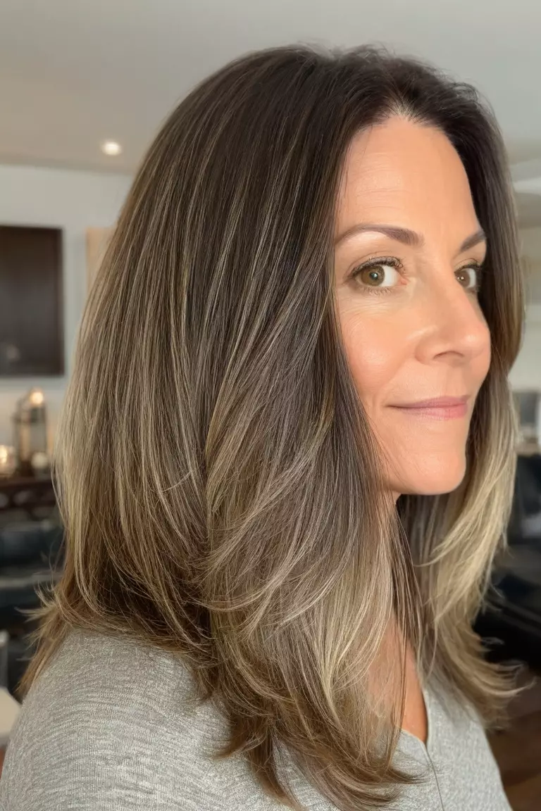 A photo of a 44-year-old Amanda, showing long layers perfect for thick hair, Front view, living room background