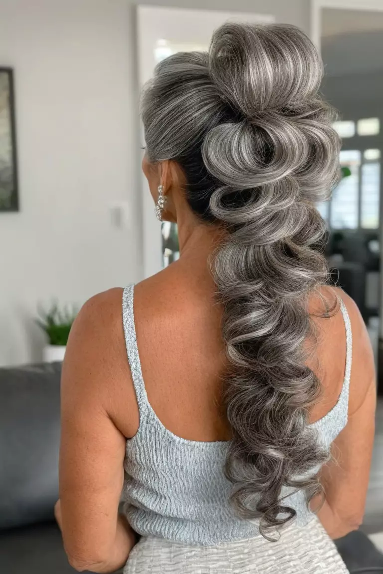 A photo of a 50-year-old Ruth, salt and pepper wavy ponytail, back view, living room background