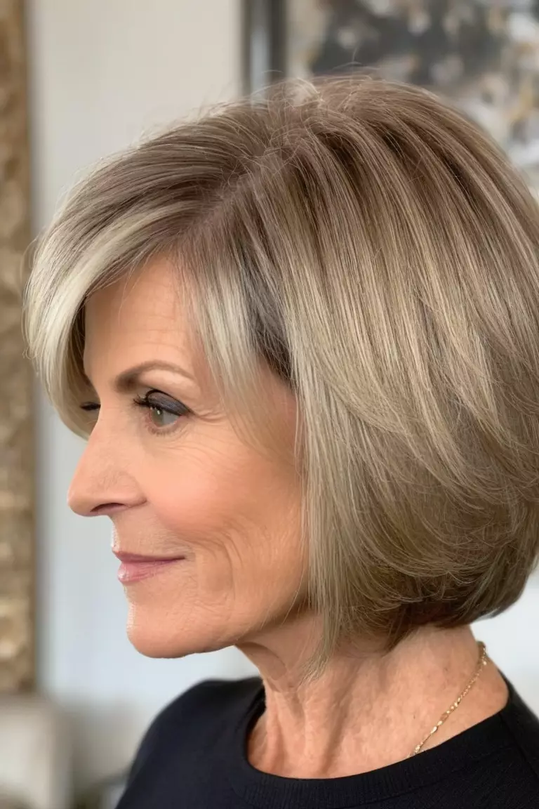 Cropped Bob With Side-Sweeping Layers A photo of a 63-year-old Laura, fine hair, Cropped Bob With Side-Sweeping Layers, Side view, living room background