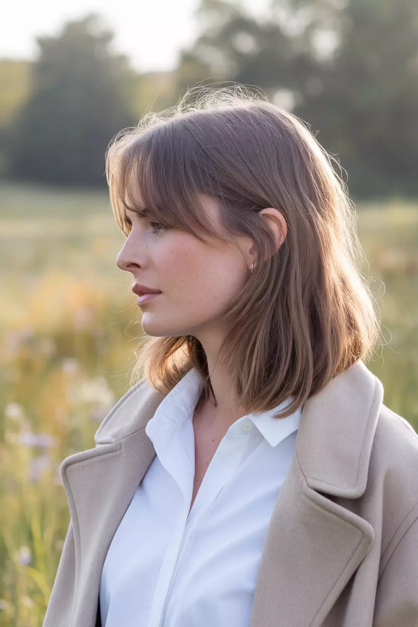 A beautiful woman with medium hair and side-swept bangs, side view, sunny meadow background