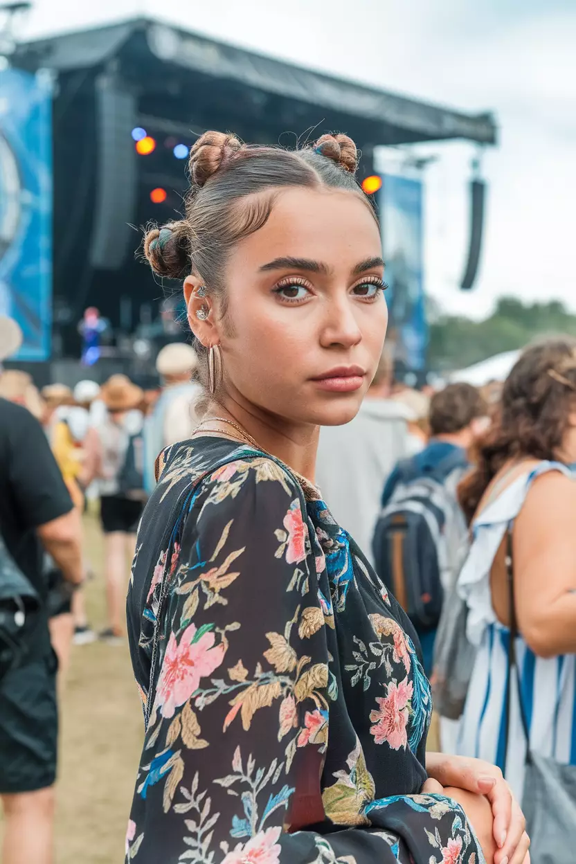 A beautiful woman with a Space Buns hairstyle, front view, music festival background