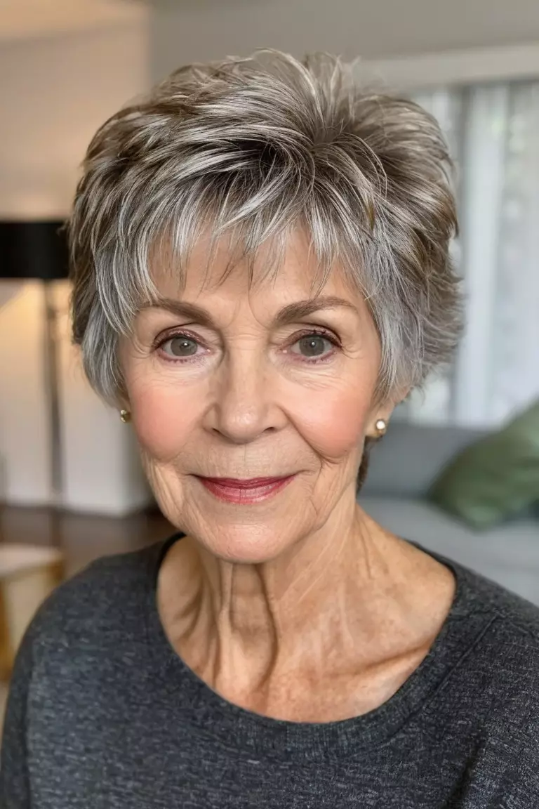 Textured Shaggy Pixie A photo of a 70-year-old Linda, textured shaggy pixie hairstyle, front view, living room background.