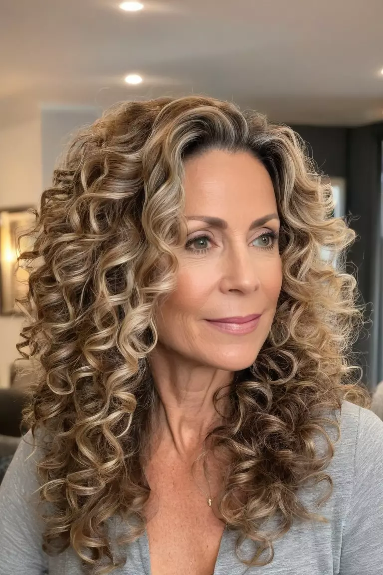 A photo of a 46-year-old Karen, with long highlighted curls, Side view, living room background
