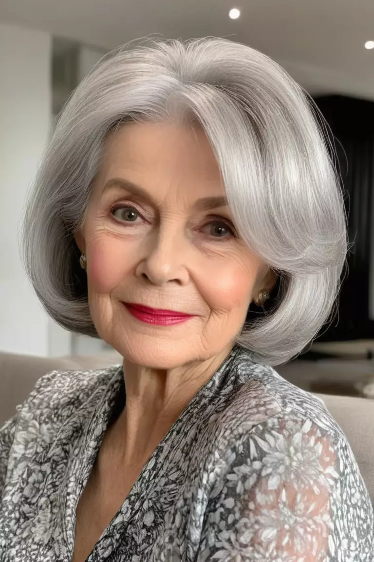Silver Bob with Volume A photo of a 71-year-old Elizabeth, silver bob with volume hairstyle, front view, living room background.