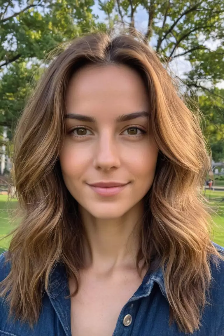 A photo of a 27-year-old Nova, natural brunette hair with textured layers, Front view, casual park setting background