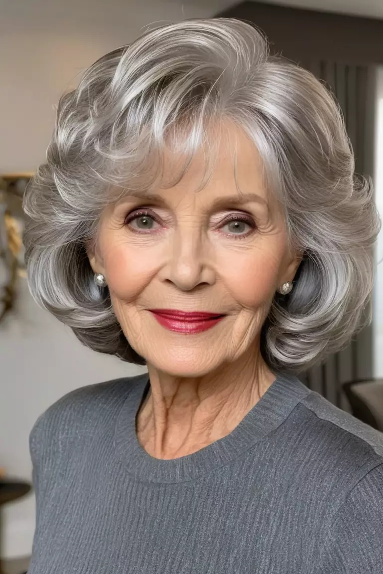 A photo of a 68-year-old Nancy, with glamorous loose silver waves hairstyle, Front view, living room background