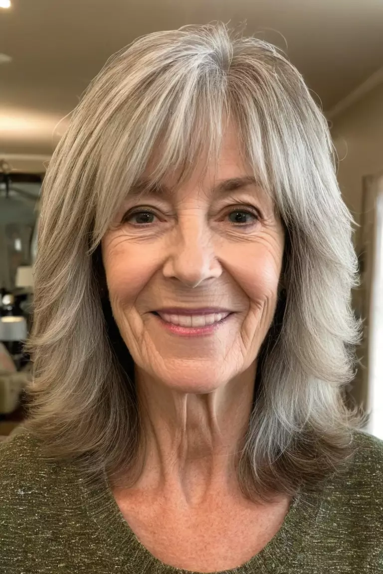 A photo of a 68-year-old Kimberly, showcasing shaggy layers with distinctly flipped out ends, Front view, living room background