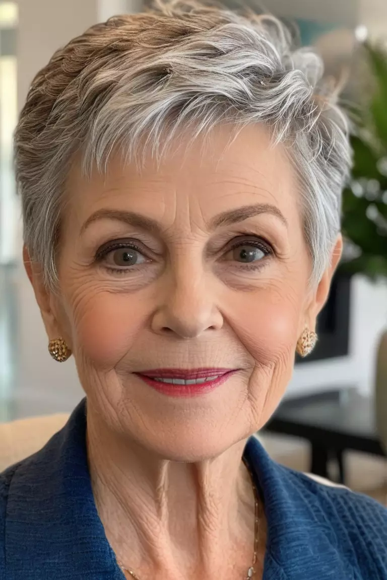 A photo of a 71-year-old Betty, Short Textured Pixie, Front view, living room background