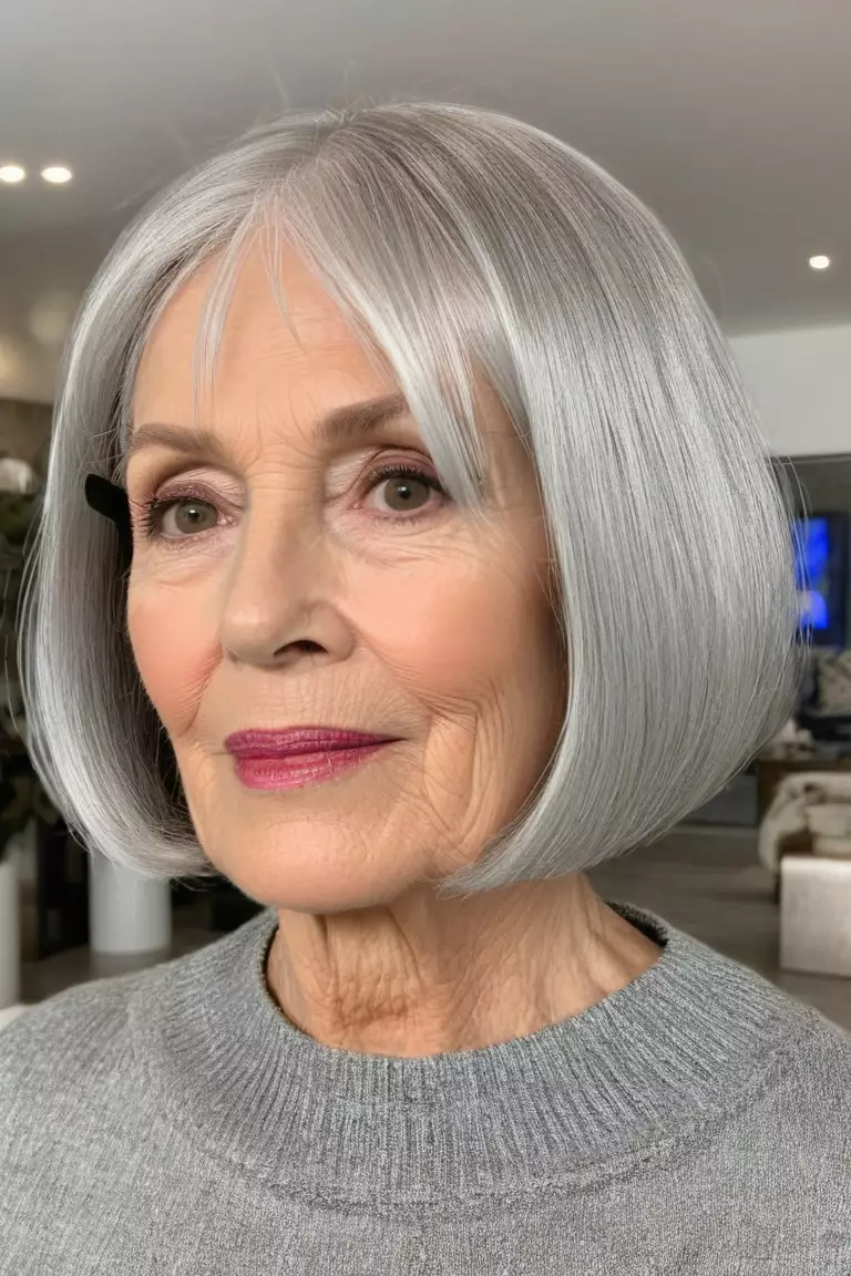 Straight Silver Bob A photo of a 73-year-old Susan, straight silver bob hairstyle, front view, living room background.