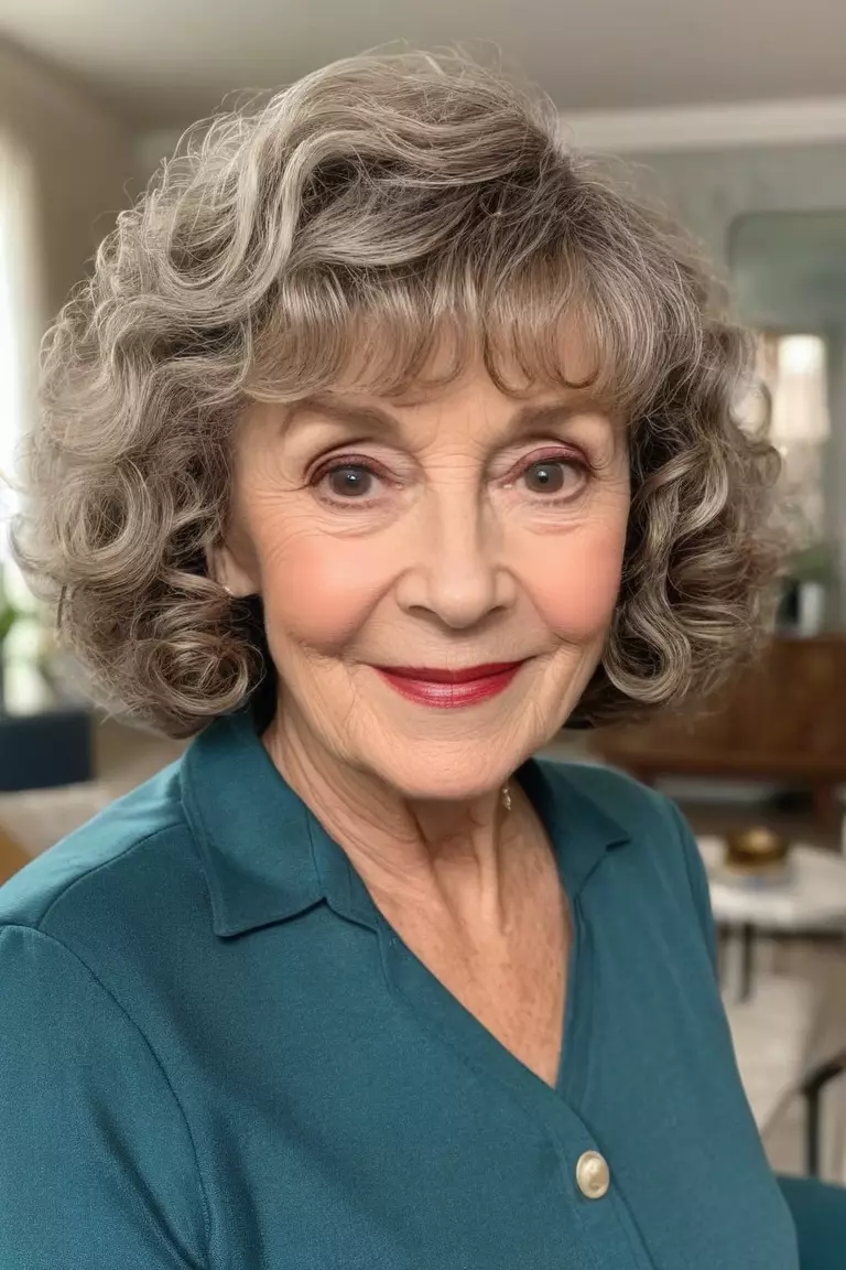 Curly Bob with Bangs A photo of a 70-year-old Nancy, curly bob with bangs hairstyle, front view, living room background.