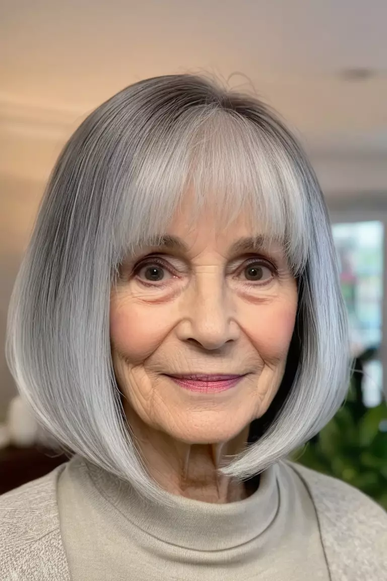 A photo of a 73-year-old Jessica, rounded silver ombre bob, front view, living room background