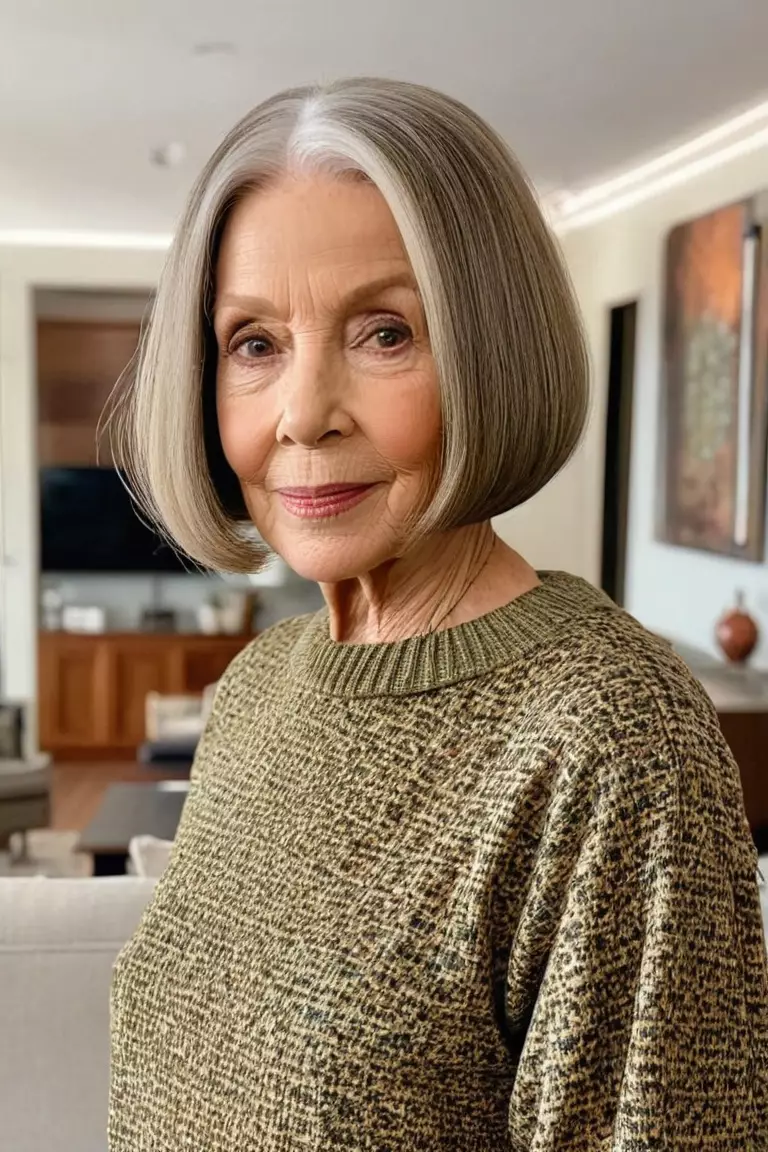 Blunt Bob A photo of a 78-year-old Michelle, blunt bob hairstyle, front view, living room background.