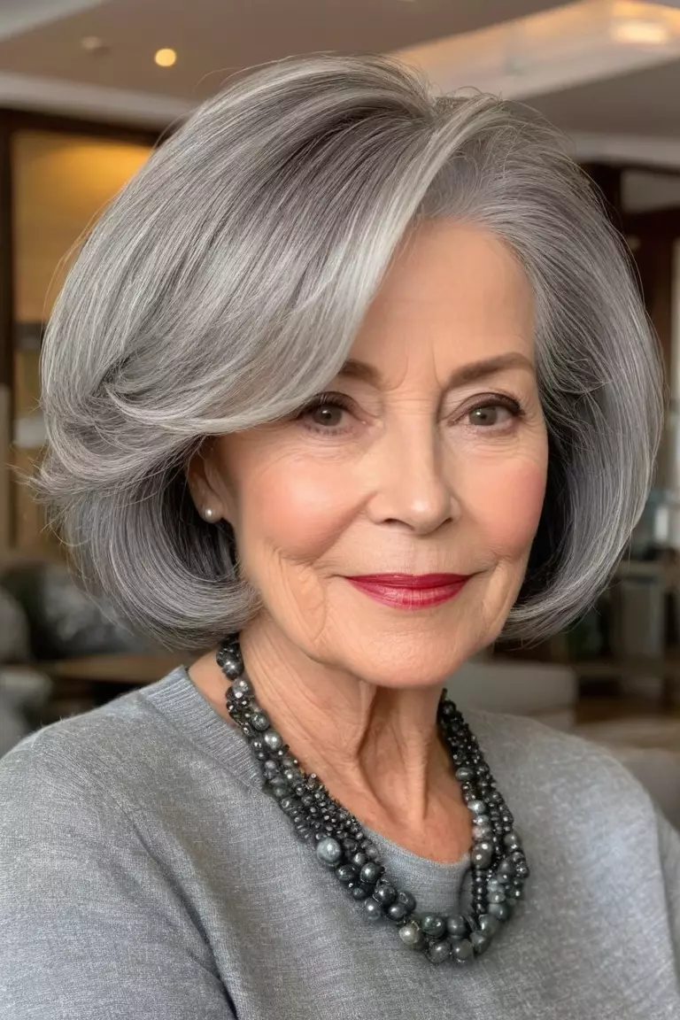 A photo of a 65-year-old Kathleen, with a voluminous gray bob hairstyle, Front view, living room background