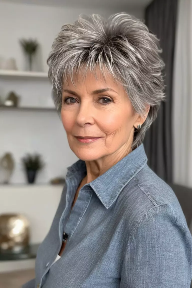 A photo of a 63-year-old Sandra, with a tousled tapered gray shaggy cut hairstyle, Side view, living room background