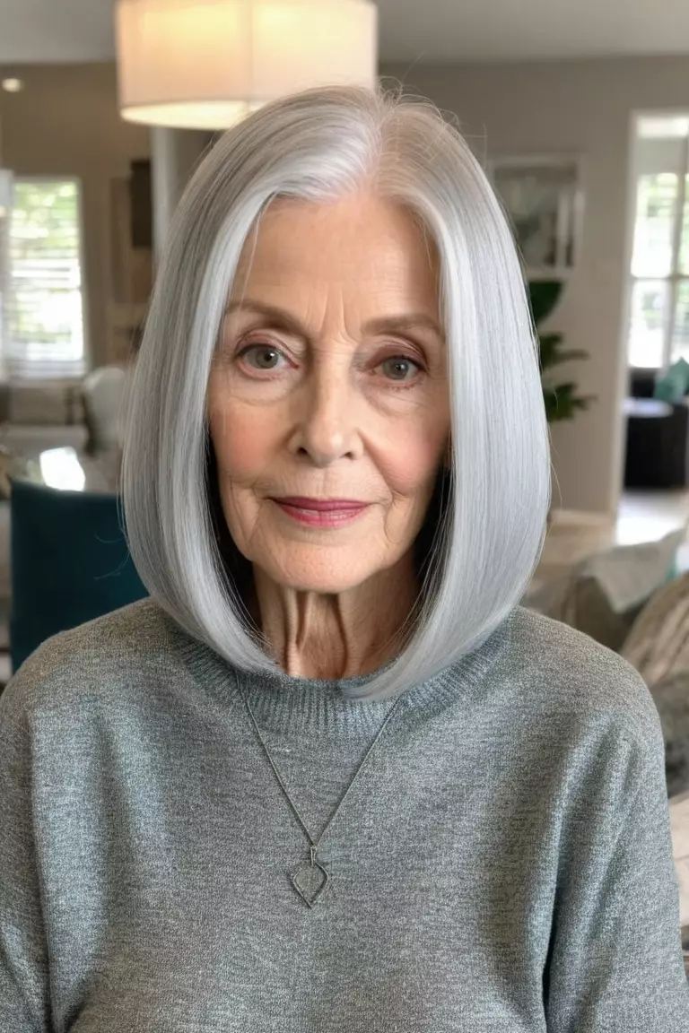 Cool-Toned Silver Long Bob A photo of a 71-year-old Helen, cool-toned silver long bob hairstyle, front view, living room background.