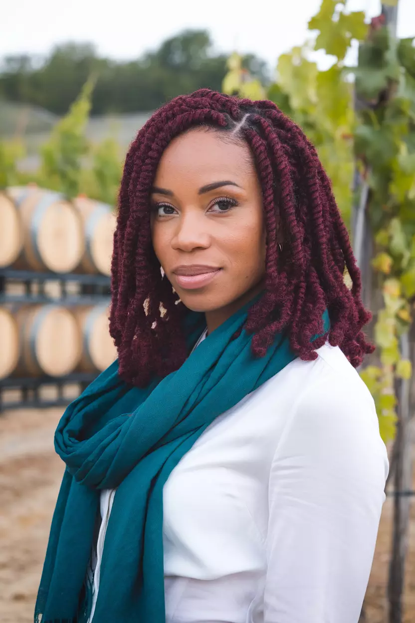 Burgundy Twists A beautiful black woman with medium-length burgundy twists, front view, summer winery background
